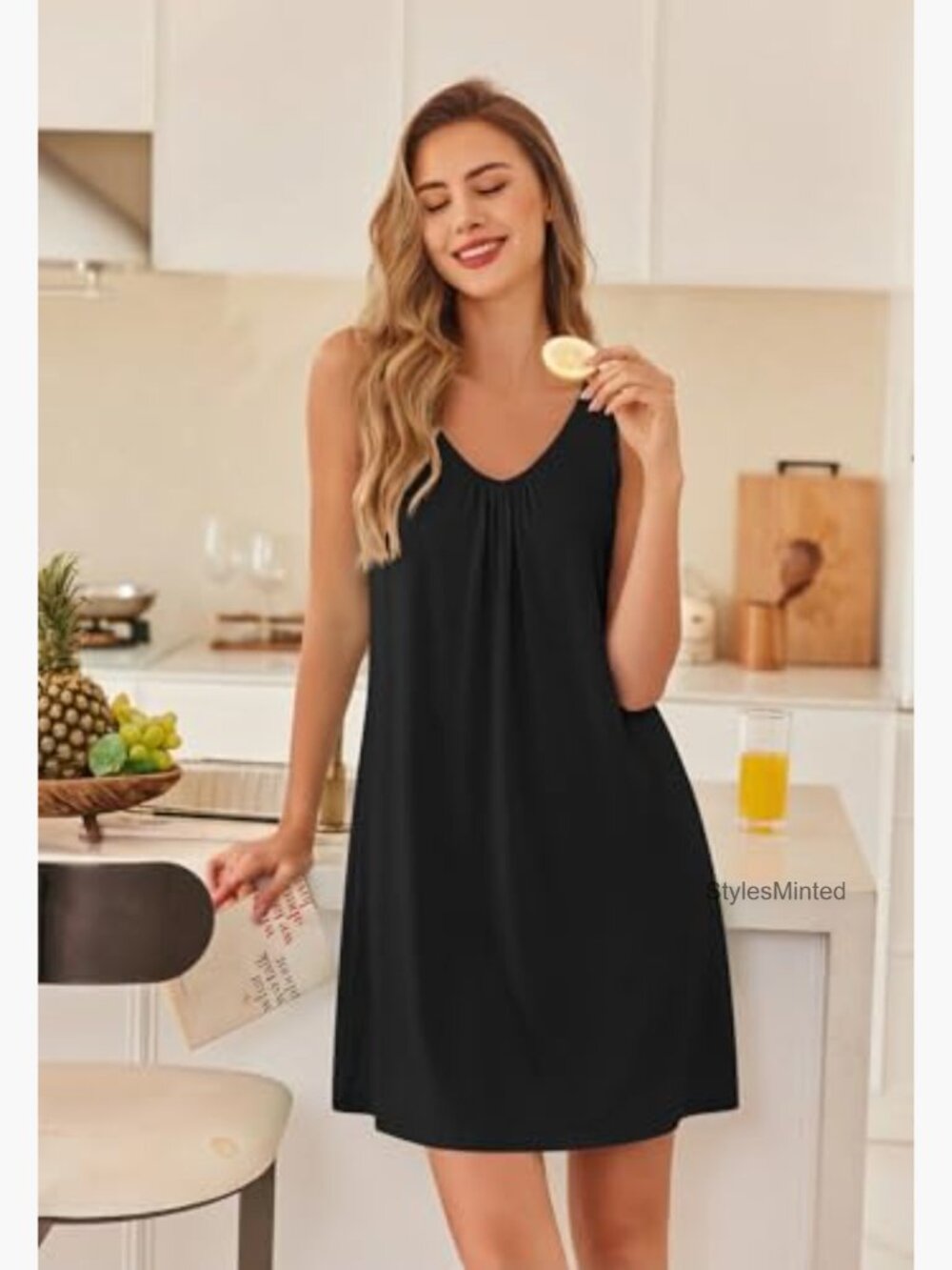Women's Sleeveless Nightgown Bamboo Viscose Sleep Dress V-Neck Tank - Picture 2 of 7